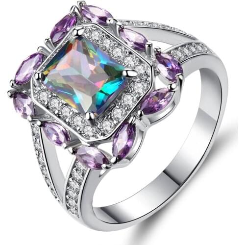 CiNily Created Rainbow Purple Stone Zircon Silver Plated Wholesale New Sale for Women Jewelry Wedding Gift Ring Size 6-8 NJ94