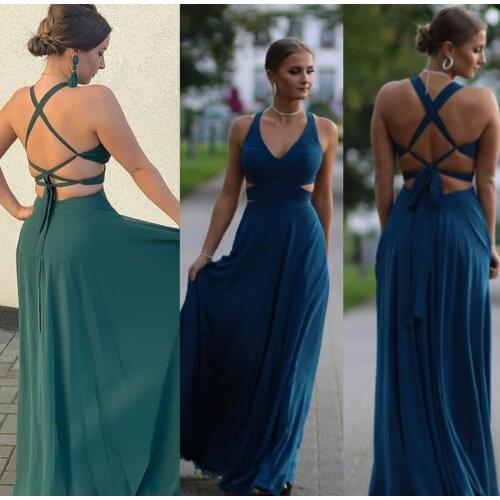 Long Chiffon Green Evening Dresses with Pockets Criss Cross Back A-Line Floor Length V-Neck Abendkleid Robes de Soirée for Women