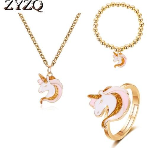 ZYZQ Fashion Cute Pink Horse Unicorn Design Animal Necklace Pendant Set White Horse Lover Wedding Party Anniversary Gift