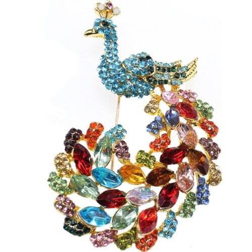 Large Vintage Golden Plated Fashion Elegant Women Jewelry Peacock Rhinestone Brooches Pins for Dress
