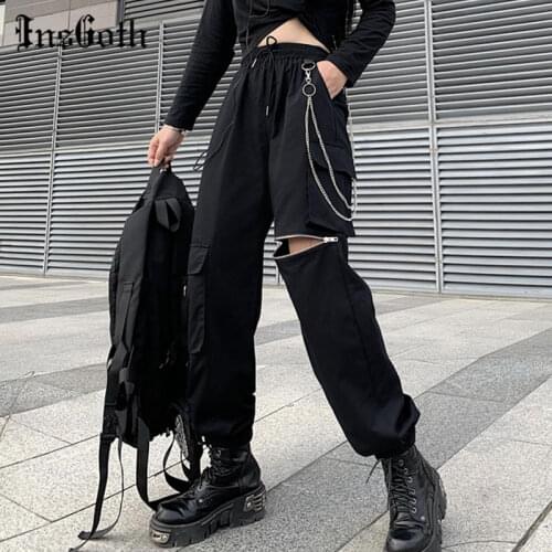 InsGoth Y2K Punk Solid Black Zipper Chain Pants Harajuku High Waist Elastic Trousers Goth Mall Women Casual Fall Jogging Pants
