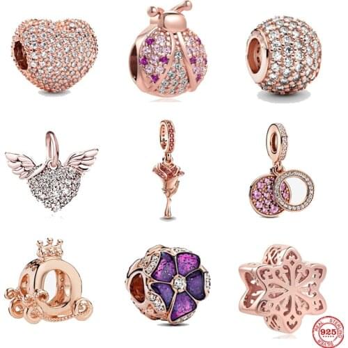 2021new rose gold flower angel wing snowflake heart clip Beads fit Original Pandora Charms Silver 925 Bracelet DIY Women Jewelry