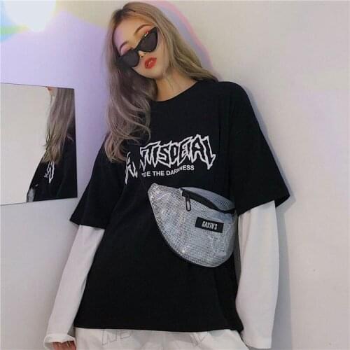 Harajuku T-shirt Women punk tops tees Fake 2 Pieces Japanese Horror Comics Print Long Sleeve Shirt Women korean streetwear 2020