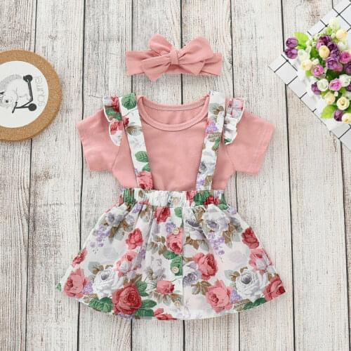 0-24M Baby Girl Clothes Set Toddler Baby Girl Summer Pink Tops Romper Floral Skirt Outfits Summer Clothes