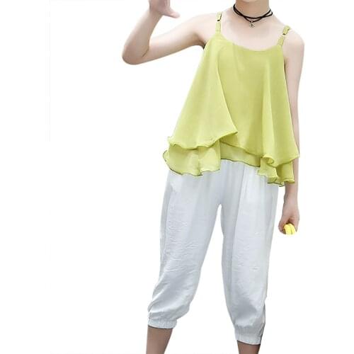 Oyolan Big Girls Summer Suit 2021 New Children Korea Style Suspender Top Sling White Long Pants Two Piece Fashionable Outfits