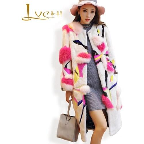 LVCHI 2019 New Fashion Denmark Mink Swan Velvet Womens Noble Print Fox Real Fur Coat Leather Fur Leather Full Pelt Mink Coat