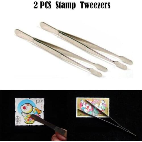 New 2pcs Stainless Steel Tweezers Stamps Philately Collector Tools Straight Spade Tong
