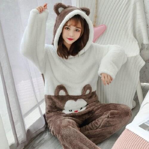 2020 Winter Pajamas Women Korean Sleepwear Cute Cartoon Flannel Pajamas Set Velvet Warm Pijamas Hooded Pyjamas Women Homewear