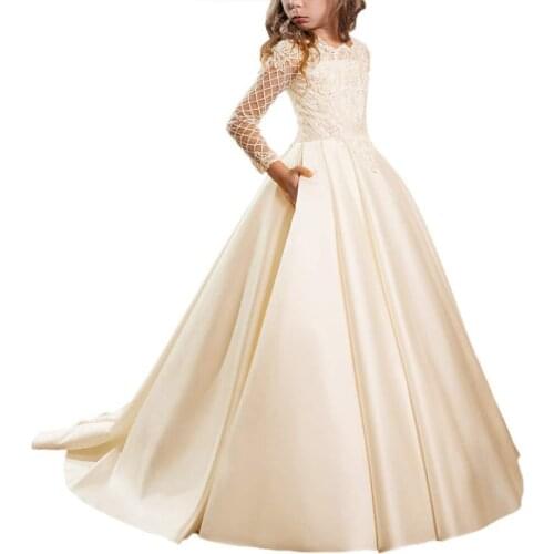 Long Sleeves Children Wedding Dress For Little Kids First Holy Communion Formal Satin Lace Princess Party Prom Dress for 3-12yrs