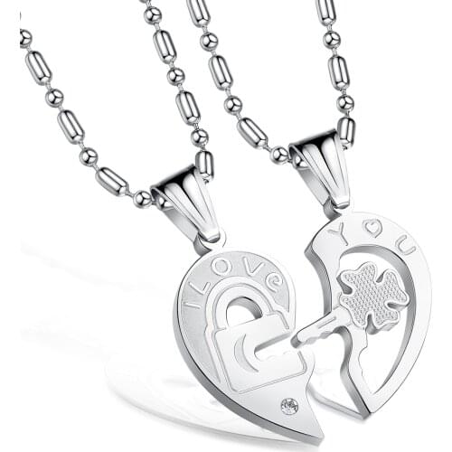 Cyue Fashion Love Heart Lock Key Charm“LOVE YOU" Pendant Pair of Titanium Steel Couple Necklaces