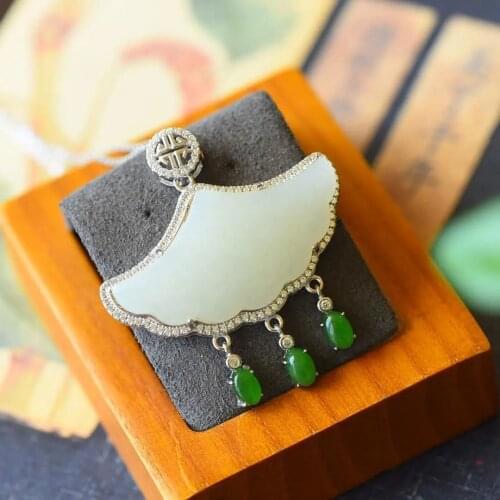 S925 Sterling Silver Natural Hetian White Jade Silver Accessories Inlaid Jasper White Jade Ginkgo Leaf Pendant Necklace All