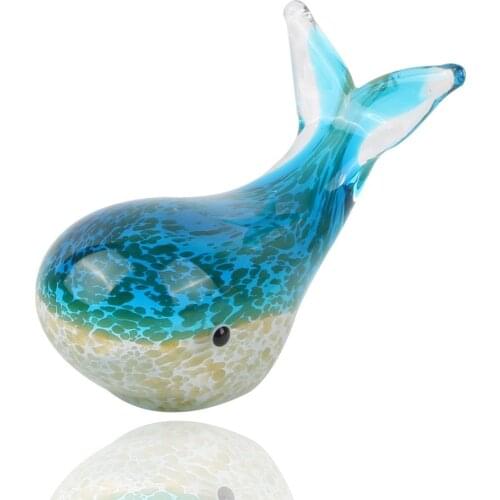 Glass Whale Figurine Animal Art Handmade Sculpture Paperweight Statue Gift Ornament Home Decor Collectible (Blue and White)