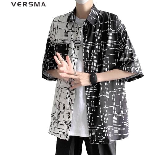 VERSMA Japanese Harajuku Ulzzang Plaid Patchwork Retro Shirts Men Summer Hip Hop Streetwear Loose Couple Shirt Men Dropshipping
