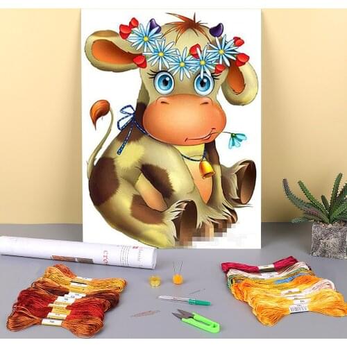 Animal Cow Printed Water-Soluble Canvas 11CT Cross Stitch Full Kit Embroidery DMC Threads Sewing Handmade Hobby Stamped