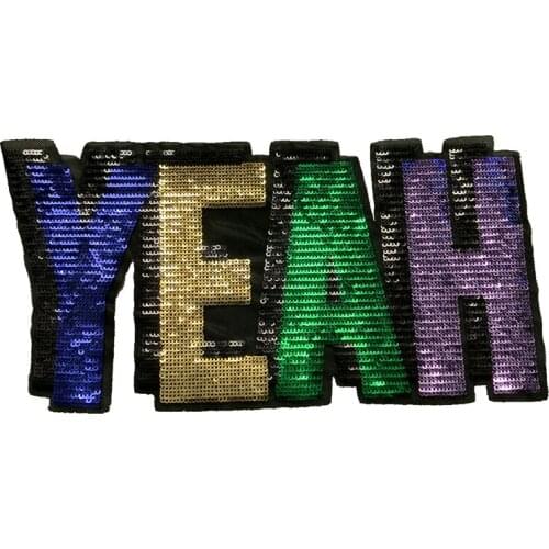 WUYUCONG New Large YEAH Sequined Patches for Jacket DIY 3D Letters Sequins Patch Sew on Patches Sewing Decoration 1 Piece