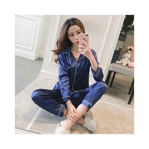 Womens Pajamas Home Service Suit Ladies Loose Casual Solid Color Cardigan Long-Sleeved Quality Simulation Silk Pajama Set