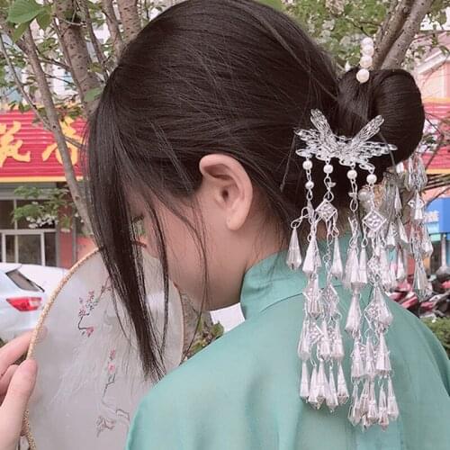 Chinese Style Butterfly Pattern Womens Hairpin Retro Ming Butterfly Long Tassel Hair Stick Pearl Tassel Headdress Hair Fork