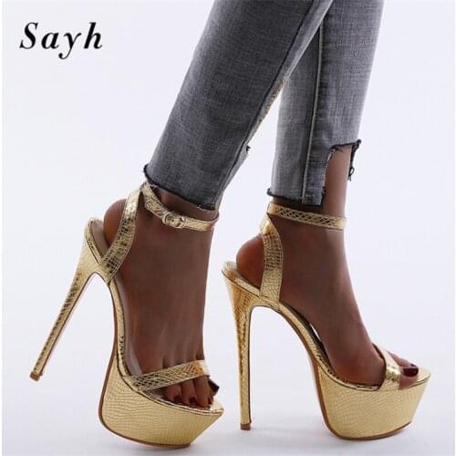 Women 17cm Super High Heels Gold Platform Pumps Stilettos Sexy Roma Sandalsl Ankle Strap Party Clubwear Female Shoes US8
