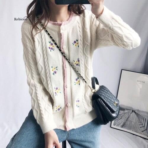 Embroidery Floral Knitted Cardigans Women Sweater Autumn Winter Korean O-Neck Womens Sweaters Coat Casual Oversize