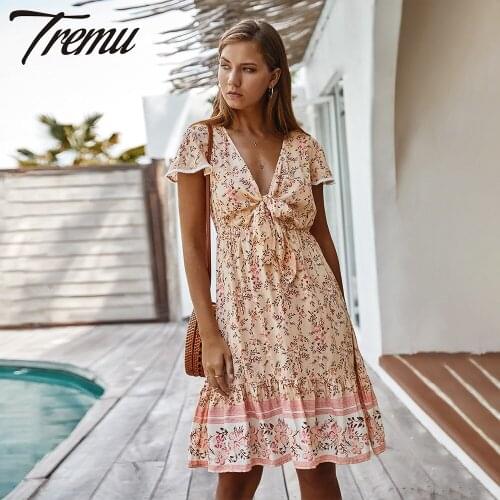 TREMU Multicolor V-Neck Floral Boho Dress Woman Summer Butterfly Sleeve Print Bohemian Dresses for Vocation Robe Femme