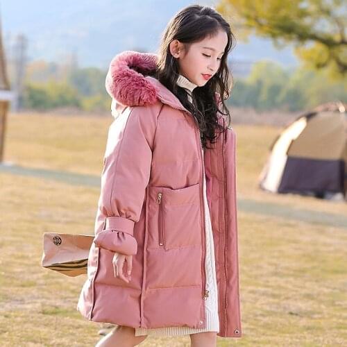 2021 Girls Big Fur Collar Warm Fashion Splicing Solid Color Long Down Cotton Coat