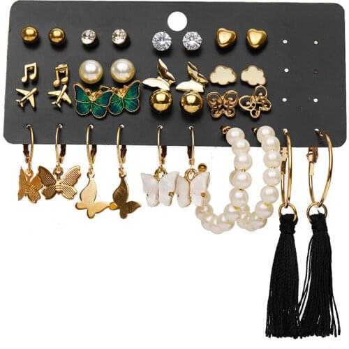 2021 Fashion Jewelry New Trend 17pcs Gold Plated Long Tassel Crystal Pearl Plane Butterfly Earrings Set For Women Girls Gift