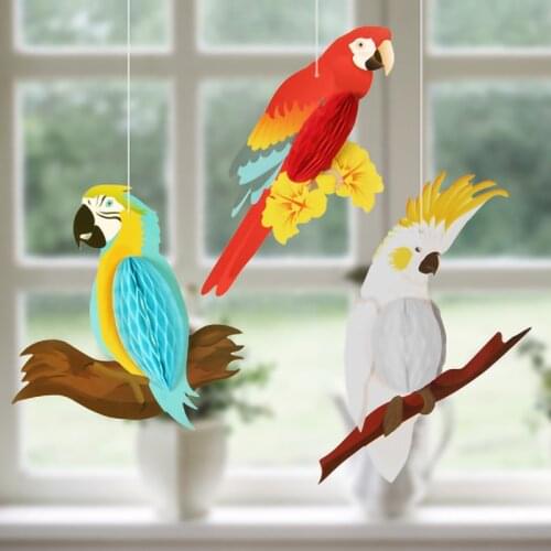 3pcs Vivid Honeycomb Parrots Hanging Paper Party Decoration For Hawaiian Beach Pool Luau Tropical Summer Kids Birthday Supplies