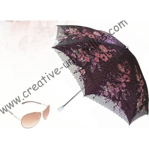 Free shipping double layer mini anti UV embroidery lacing parasol,black coating inside,two fold hand open acrylic umbrella