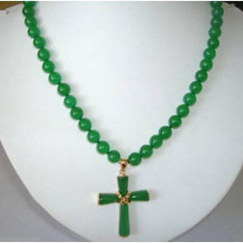 Free Shipping Beautiful Natural 8mm Beads Green Cross Pendant Necklace style Fine jewe Noble Natural
