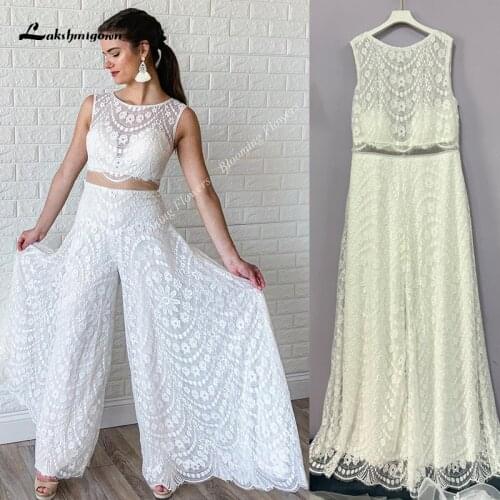 Boho Wedding Pantsuits 2020 Bohemian Beach Lace Bridal Jumpsuit 2-Piece Buttons Back Wide-Leg Pants Sleeveless Crop Top