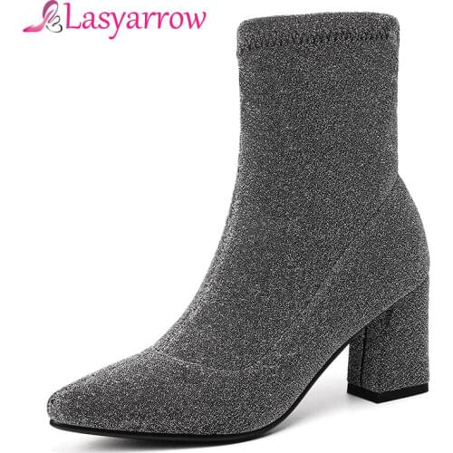 Lasyarrow Sock Boots Stretch Boots Sexy Slim Bling Bling Womens Shoes Chunky High Heels Pointed Toe Martin Boots Black Silver