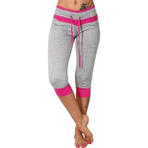 Capri pants women new fashion Color Block High Waist Drawstring Pockets Sports Trousers for sport Summer Clothing Black xxxl