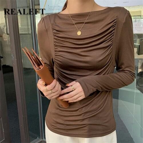 REALEFT 2021 New Autumn Knitted Womens T-Shirts Bottoming Slash Neck Casual Minimalism Long Sleeve Female Sexy Shirts Tops Lady