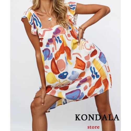KONDALA Za 2021 Women Sling Beach Sundress Square Collar Graffiti Printed High Street Sexy Mini Party Dress Stylish Vestidos