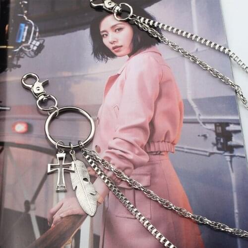 Men Trousers Lobster Clasp Chain Belt Unisex Hip Hop Metal Rock Punk Jeans Silver Trendy Cross Leaves Key Chain on Pant 112