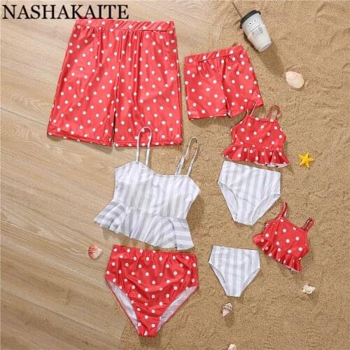NASHAKAITE Family Matching Clothes 2021 Red Dots Printed Bikini Family Swimsuit Mother Daughter Swimwear Mommy and me Swimsuit
