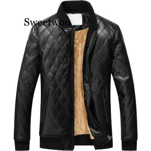 New Winter Jacket Men High Quality Motorcycle Leather Jackets Warm Fleece Plaid Parka Men Pu Leather Coat USA Size S-XXL