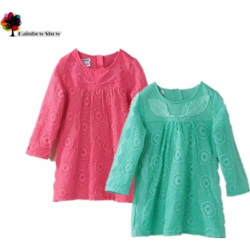 New Children Clothing Autumn Spring Girls Elegant Embroidery Lace Quality O-neck Cotton Floral Leaves Girls Dresses