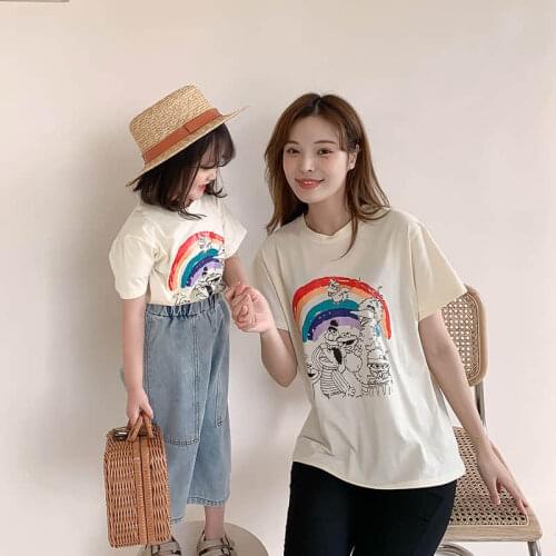 2021 Spring and Summer New Versatile Round Neck Short Sleeve Hot Stamping Parent Child Printed T-shirt monmy and me outfits