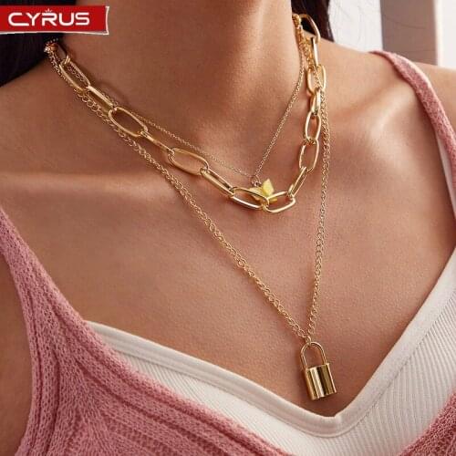 Trendy Butterfly Lock Pendant Necklaces for Women Punk Multilayer Hollow Necklace Thick Chain Choker Gothic Neck Jewelry Gifts