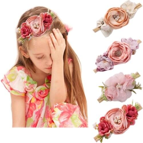Baby Girls Pearl Artific Flower Headbands for Girls Newborn Hairbands Nylon Elastic Toddler Handmade Floral Infant Hair Bands