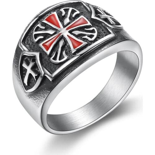 Drop shipping US Size 7 - 14 Stainless steel Red Armor Shield Knight Templar Crusade Cross Ring Medieval Signet Retro Vintage