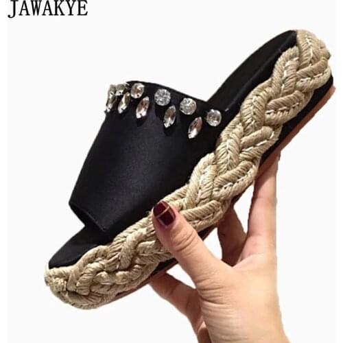Crystal Diamond Luxury Satin Platform Sandals Woman Peep Toe Hemp Rope Wedges Shoes For Women Slipper