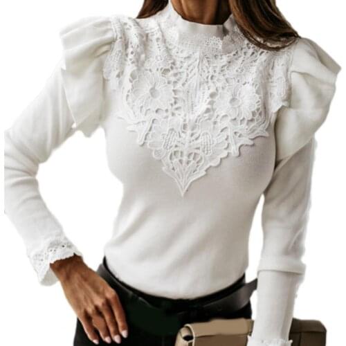 Womens Shirts Fashion Autumn Long Sleeve Ruffle Lace Patchwork Blouse Slim Bottom Top Elegant Casual Office Lady Shirt Tops