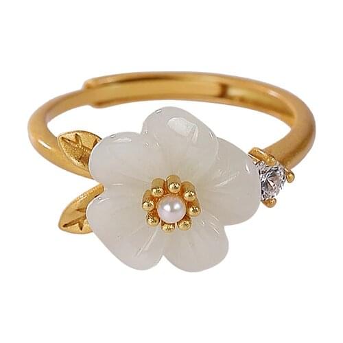 S925 sterling silver gold plated Hetian Jade Pearl Ring vintage Chinese style flower Womens Open ring