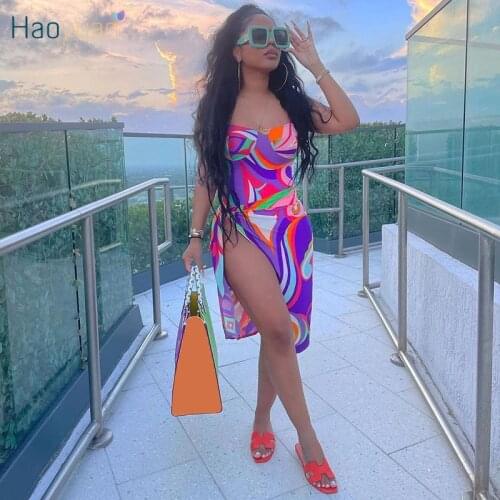 HAOYUAN Sexy Two Piece Bathing Suit Women Summer Vacation Outfits Spaghetti Strap Swimsuit Bodysuit Cover Up Beach Matching Sets