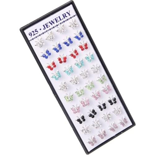20Pairs Pretty Madam Mixed Color Imitation Crystal Butterfly Shape Colorful Ear Studs Earrings Gift Wholesale
