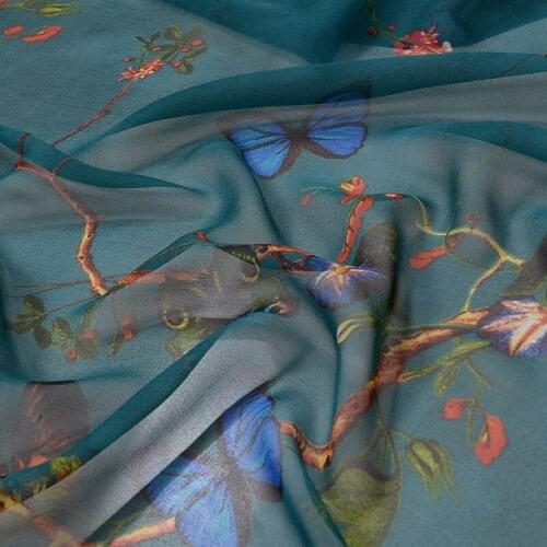 HYSK real silk georgette fabric animal butterfly custom hand printed thick organic chiffon by the yard for dress Cheongsam Q3297