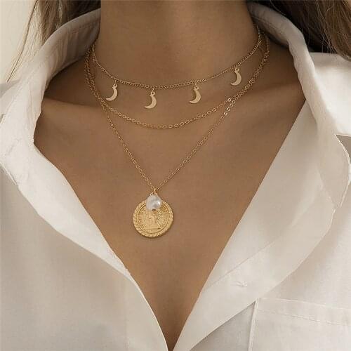 Vintage Geometric Imitation Pearl Portrait Medallion Necklace Korean Popular Stylish Multi Layer Combination Moon Necklace 2021