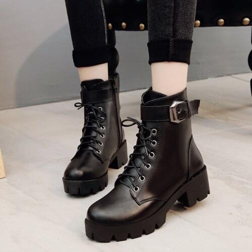 Womens Shoes Martin boots girl rough cool heel belt buckle short boots lace up fashionable leather boots 2020 autumn and winter